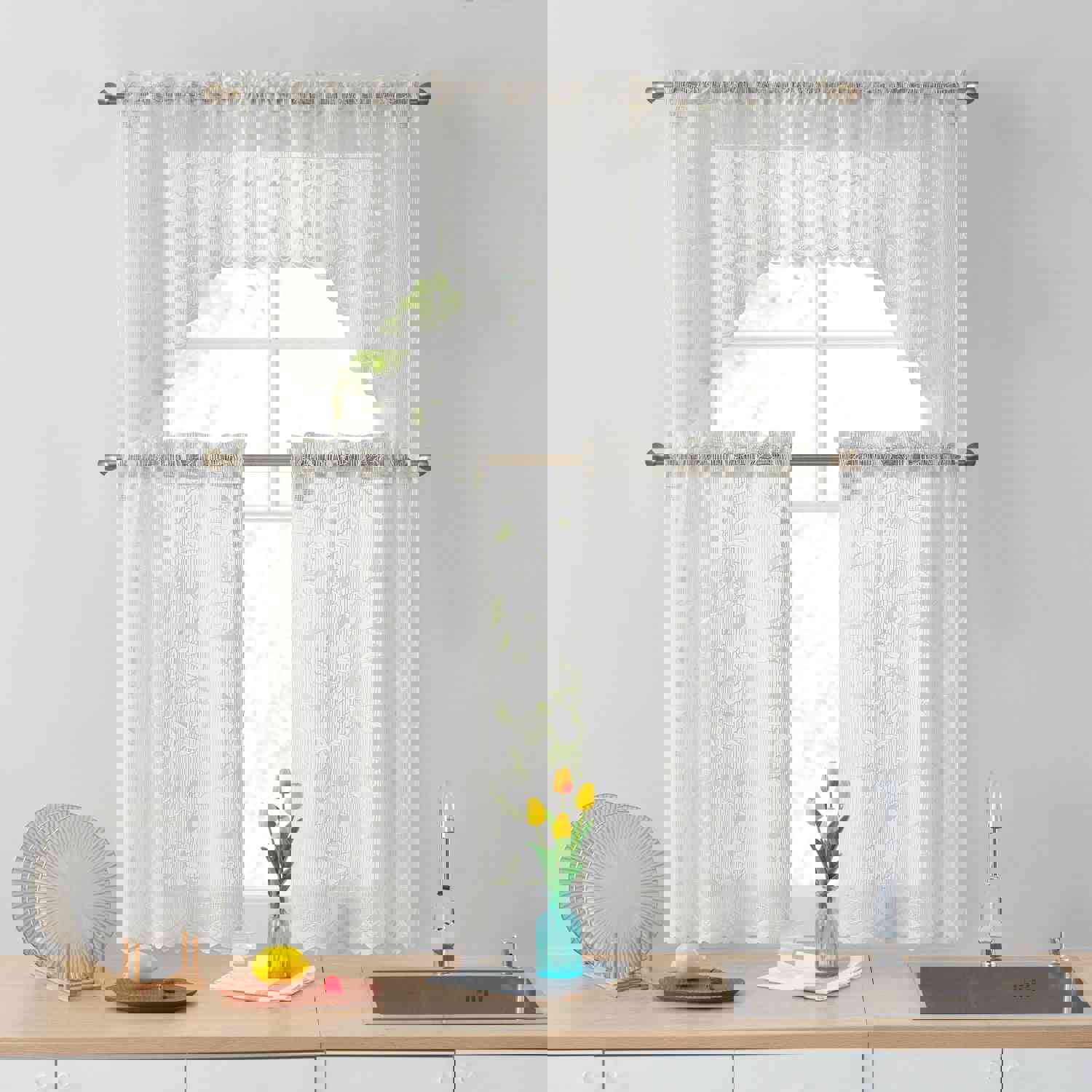 Elegant Floral Joyce Semi-Sheer Kitchen Curtains