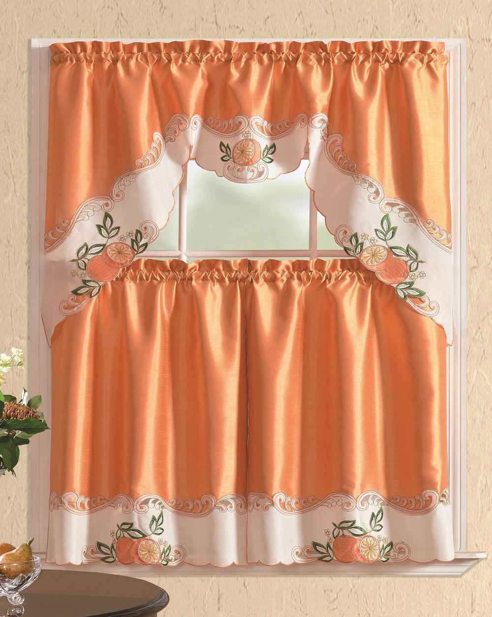 All American Collection 3-Piece Modern Embroidered Kitchen Curtain Set with Swag Valance