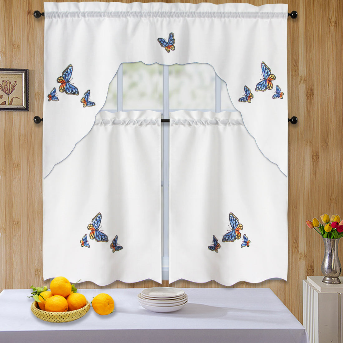 3pc Rod Pocket Embroidered Butterfly Kitchen Curtain Set with Swag Valance, 36" Length
