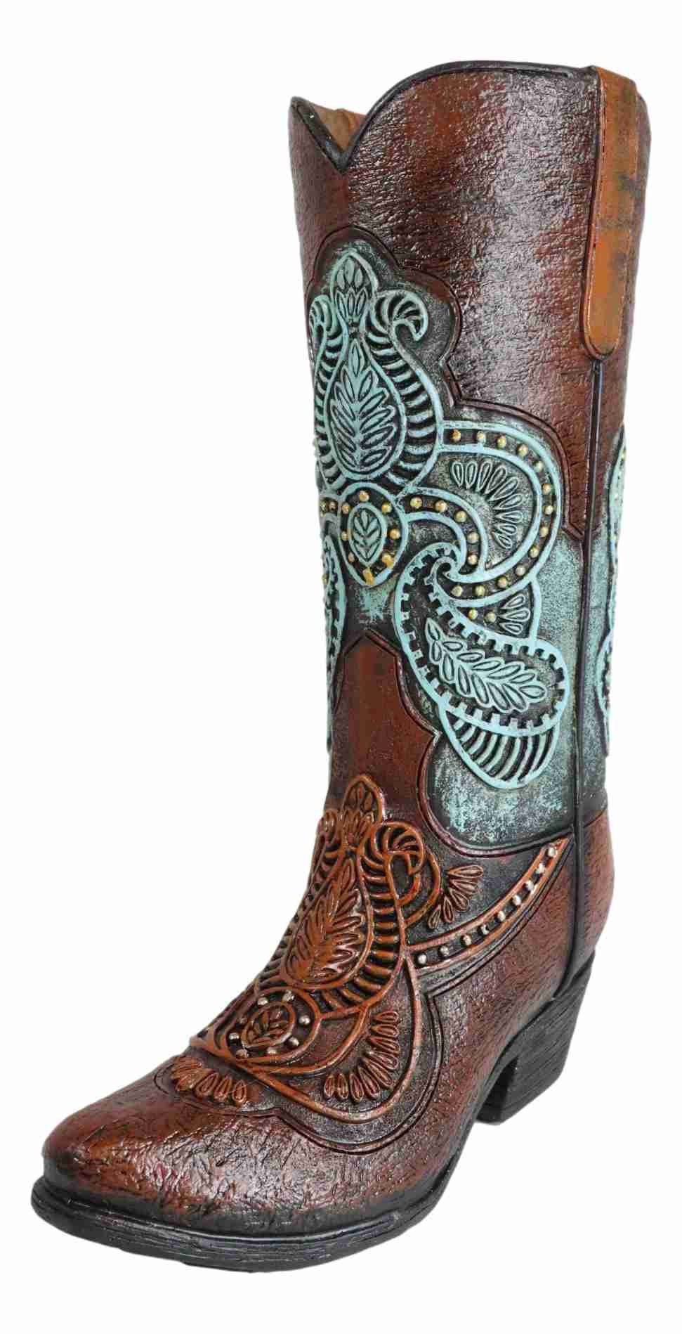 Western Style Turquoise Tooled Leather Cowboy Boot Flower Vase