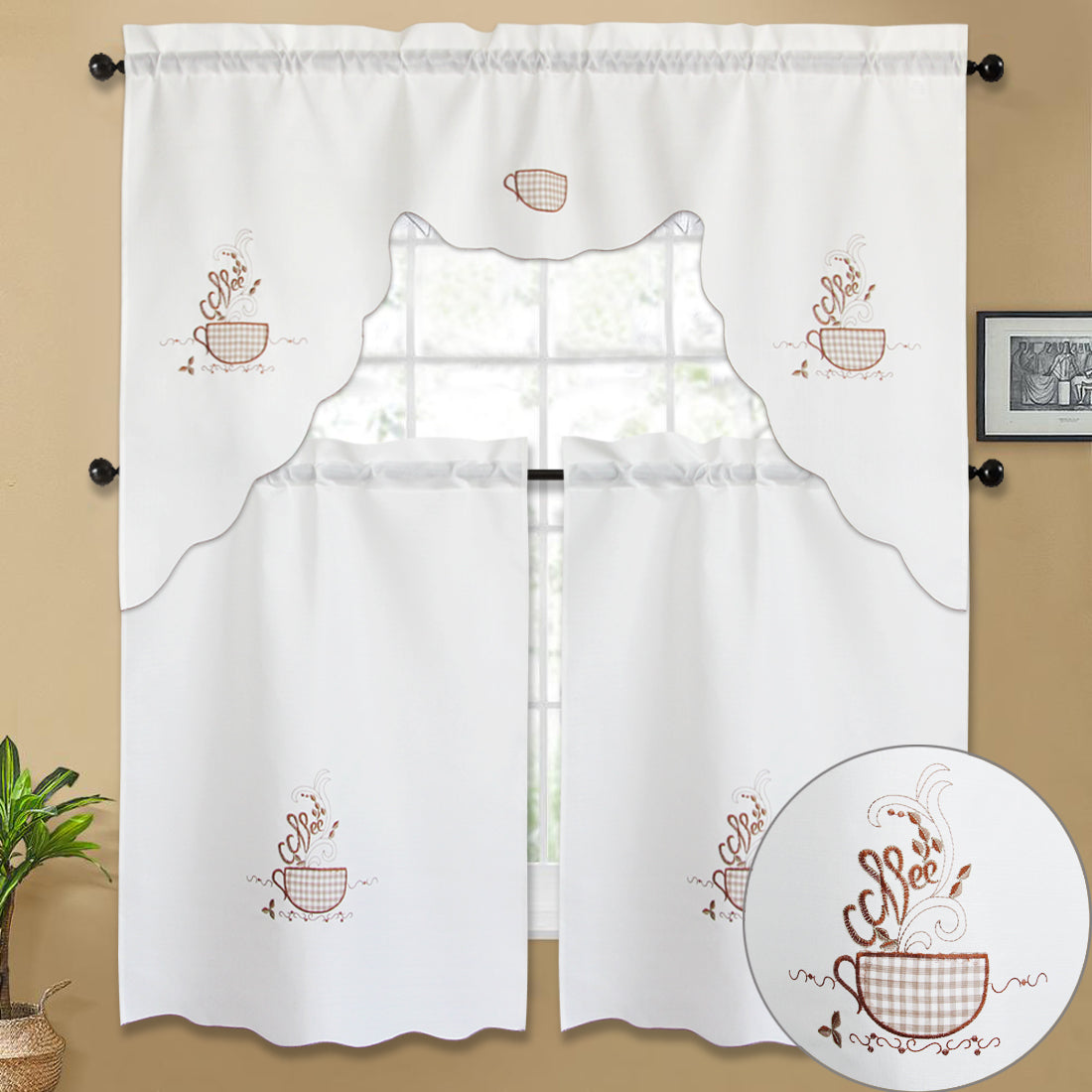 3pc Rod Pocket Embroidered Butterfly Kitchen Curtain Set with Swag Valance, 36" Length