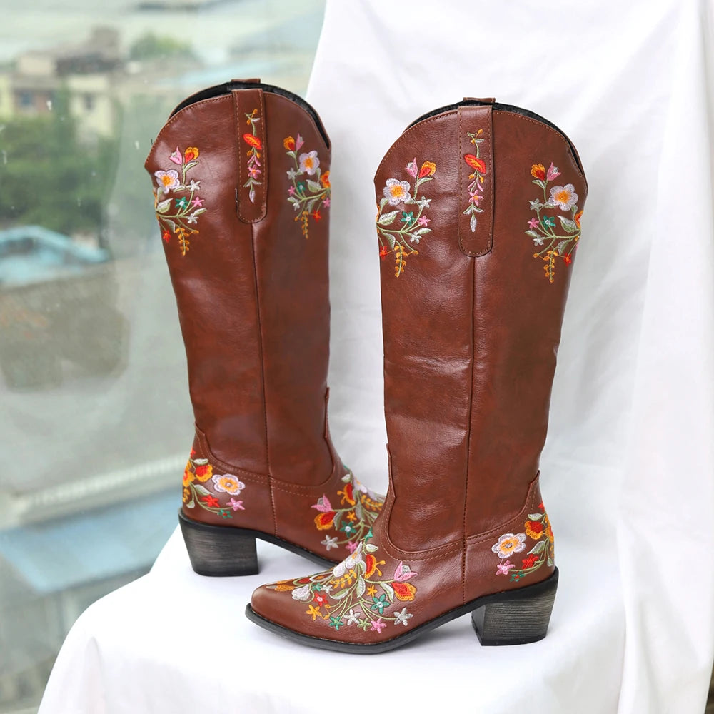 Vintage Floral Embroidered Western Cowboy Boots for Women
