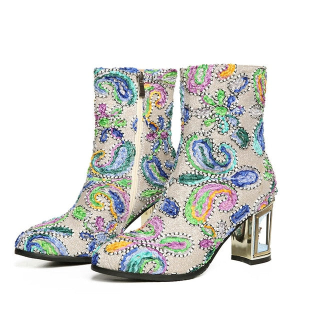 Ethnic Style Women's Mid-Calf Printed Ankle Boots