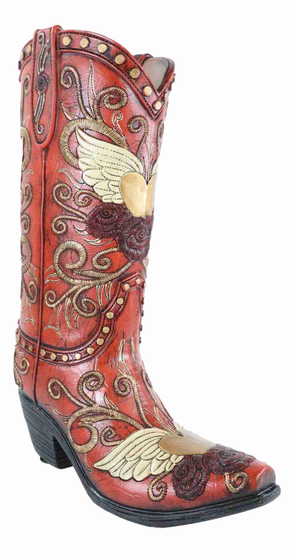 Western Style Cowgirl Boot Vase with Floral Scrollwork