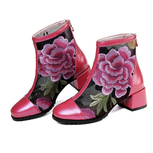 Elegant Embroidered Genuine Leather Women's Ankle Boots