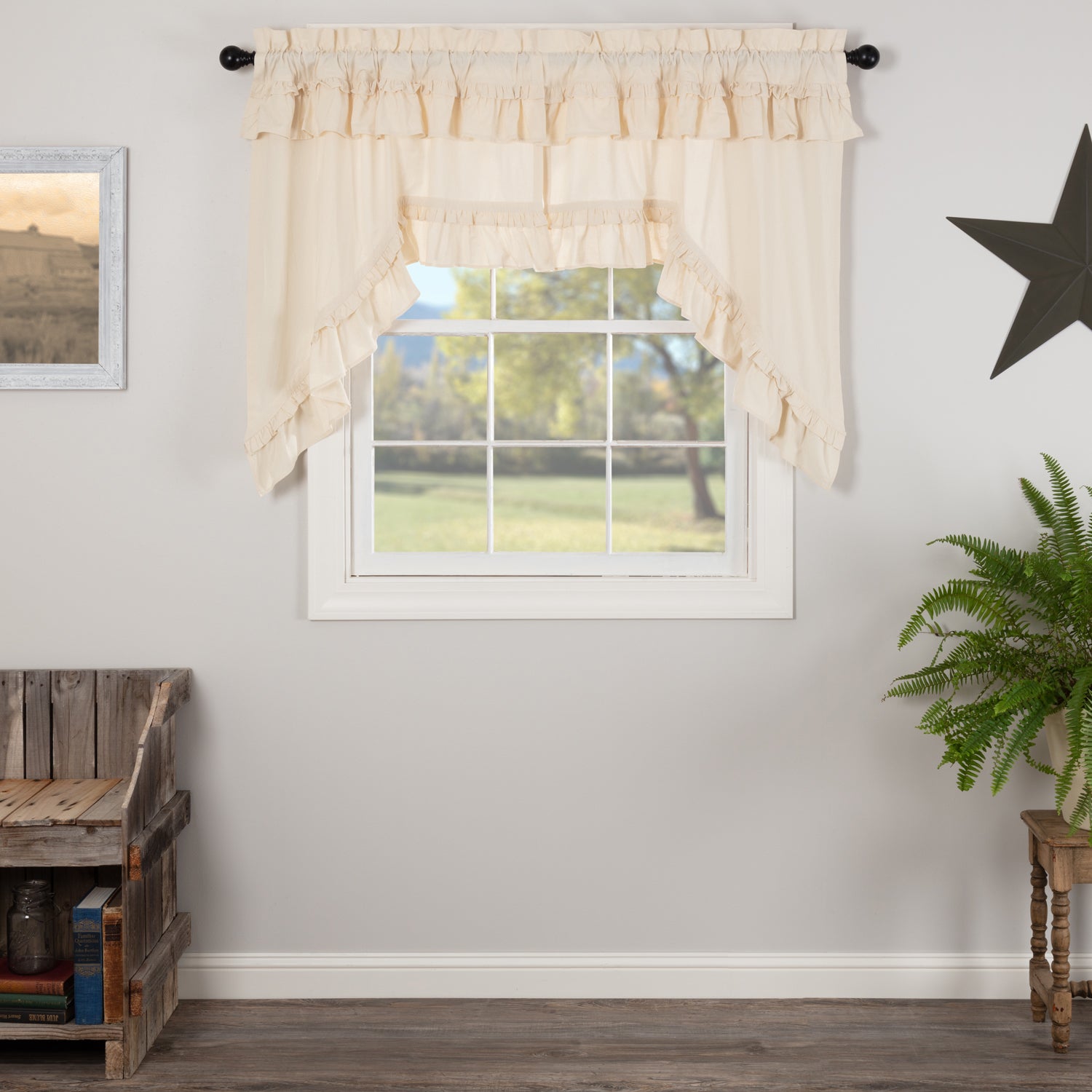 Elegant Farmhouse Style Muslin Ruffled Swag Curtains Set