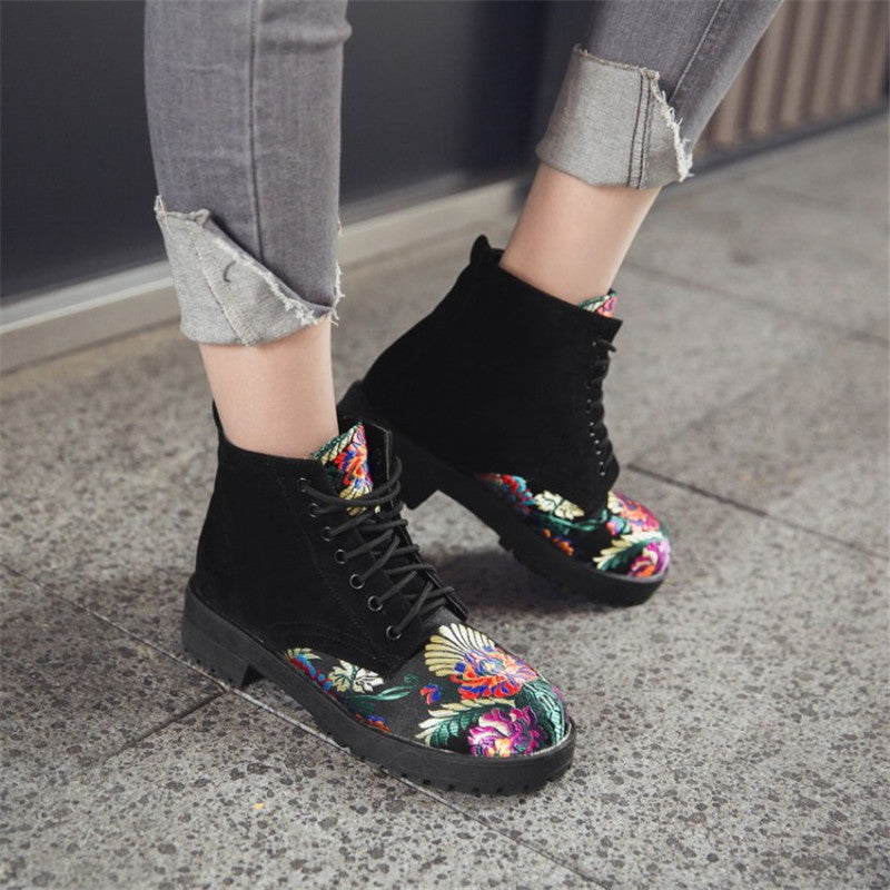Women's Embroidered Suede Ankle Boots with Low Heel