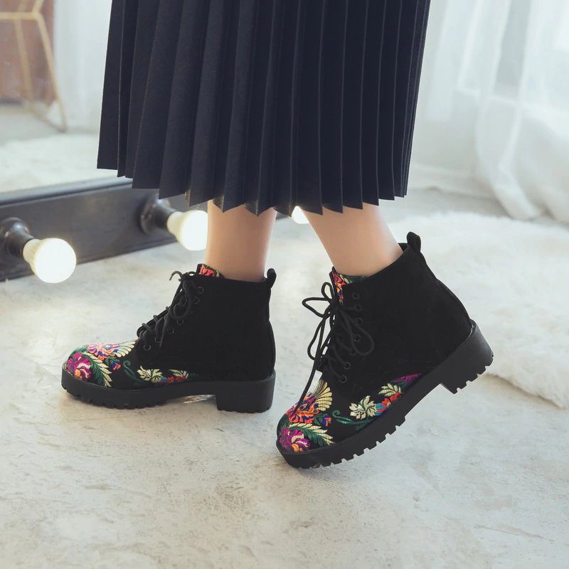 Women's Embroidered Suede Ankle Boots with Low Heel