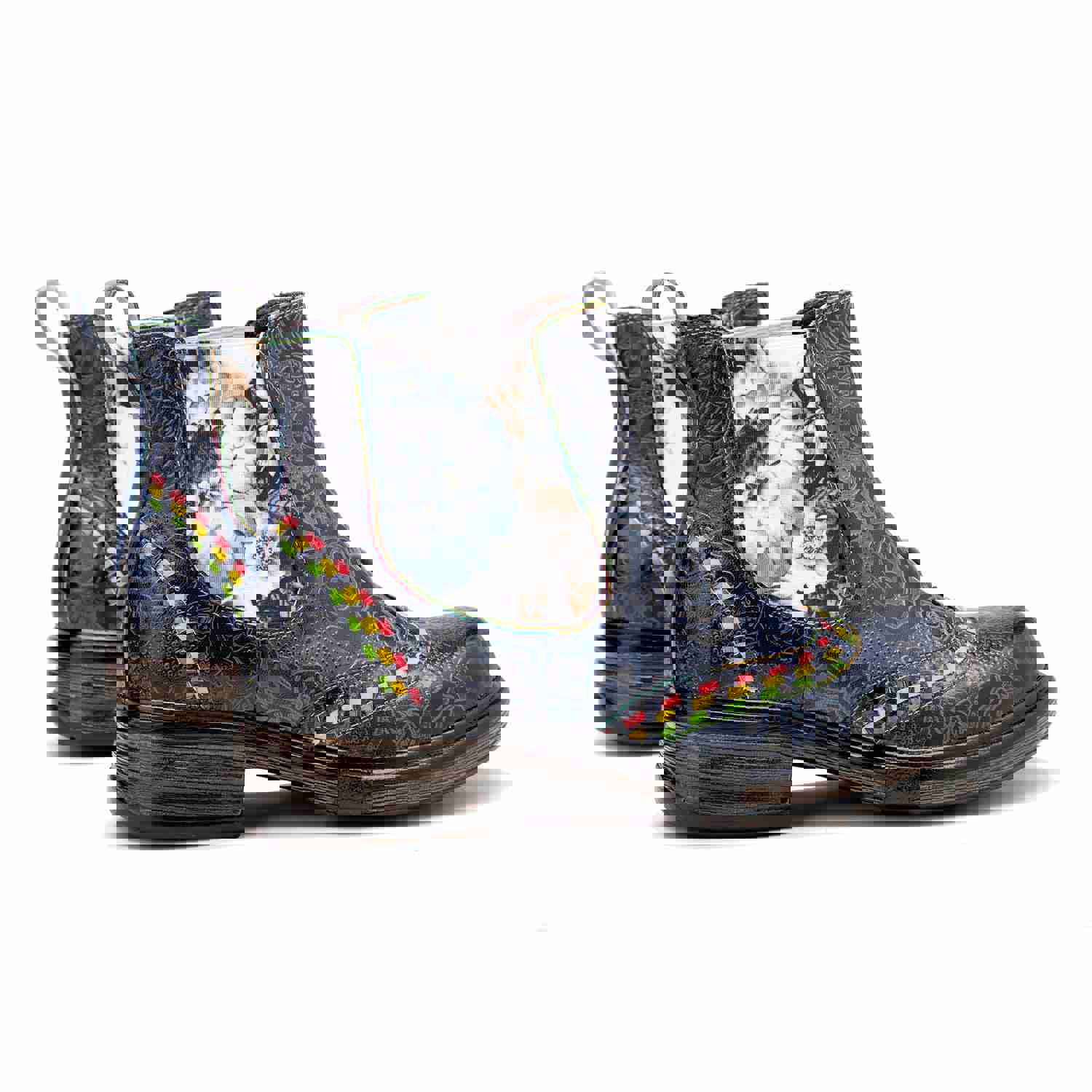 Elegant Cowhide Leather Ankle Boots with Hand-Embossed Flowers