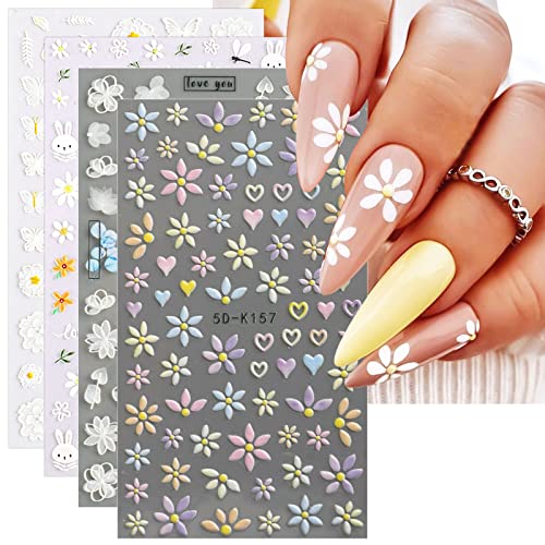 JMEOWIO 3D Embossed Spring Flower Nail Art Stickers, Self-Adhesive Floral Nail Decals for Elegant Summer Look