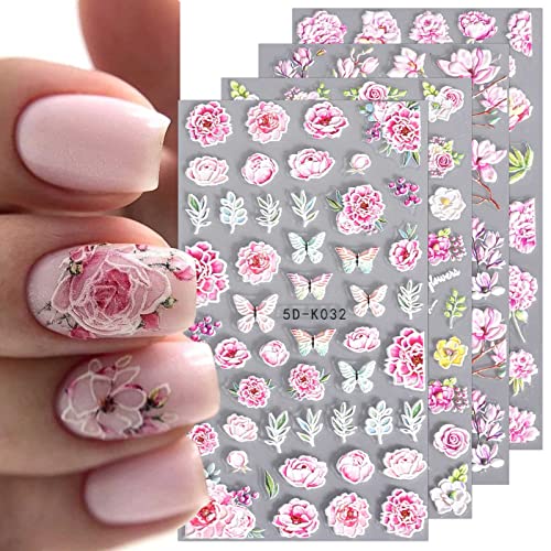 JMEOWIO 3D Embossed Spring Flower Nail Art Stickers, Self-Adhesive Floral Nail Decals for Elegant DIY Nail Designs