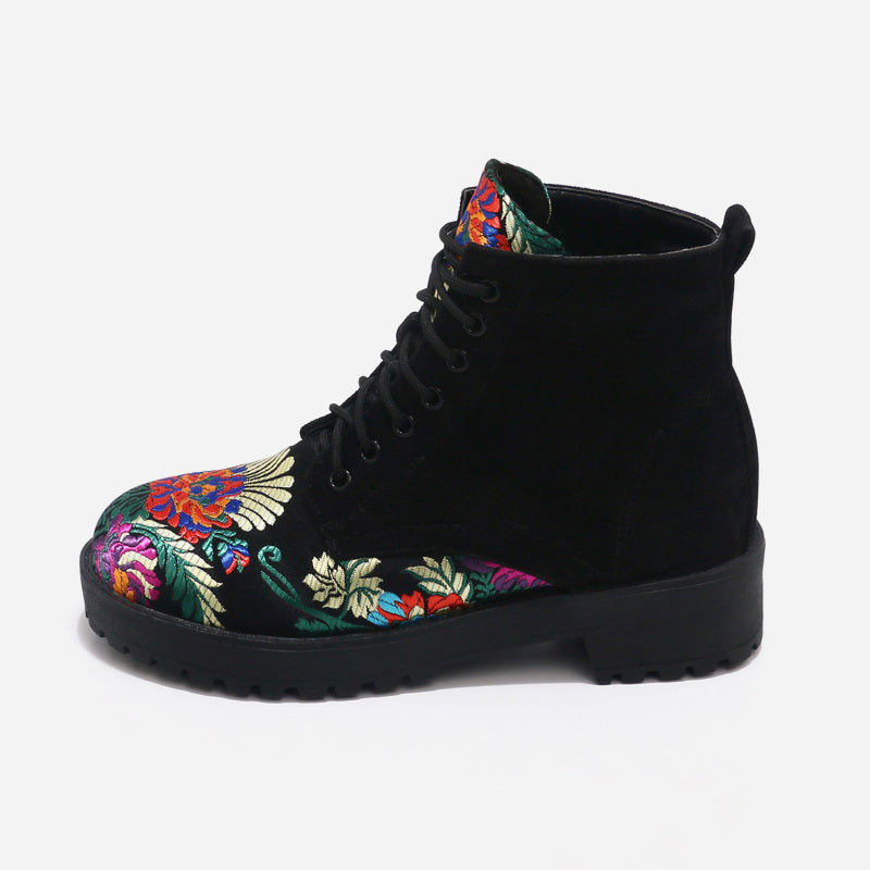 Women's Embroidered Suede Ankle Boots with Low Heel