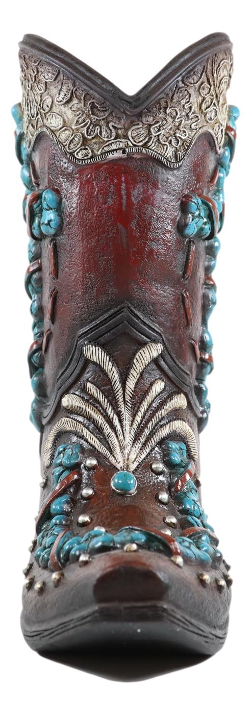 Handcrafted Faux Leather Cowboy Boot Vase with Turquoise Accents