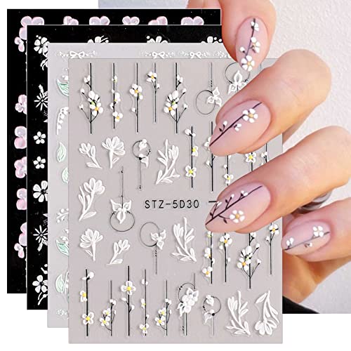 JMEOWIO 3D Embossed Flower Nail Art Stickers, Elegant Floral Design for DIY Nail Art