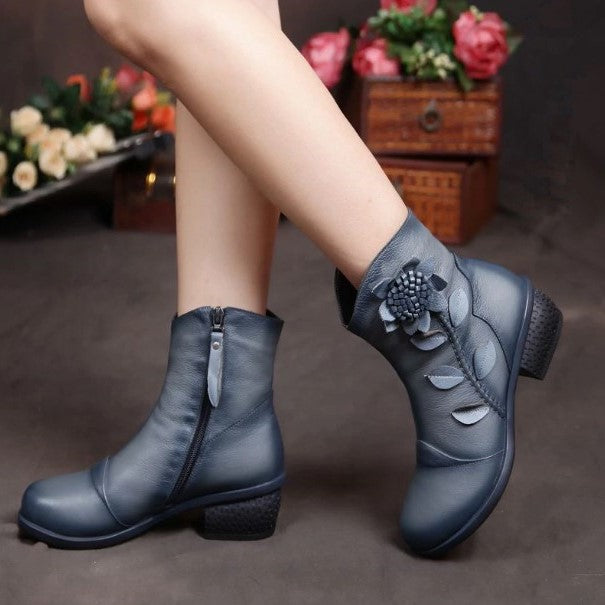 Women's Genuine Leather Ankle Snow Boots with Decorative Flower