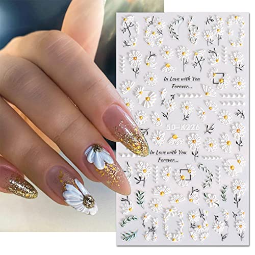 JMEOWIO 3D Embossed Spring Flower Nail Art Stickers Decals, Self-Adhesive Floral Nail Art Design Accessories