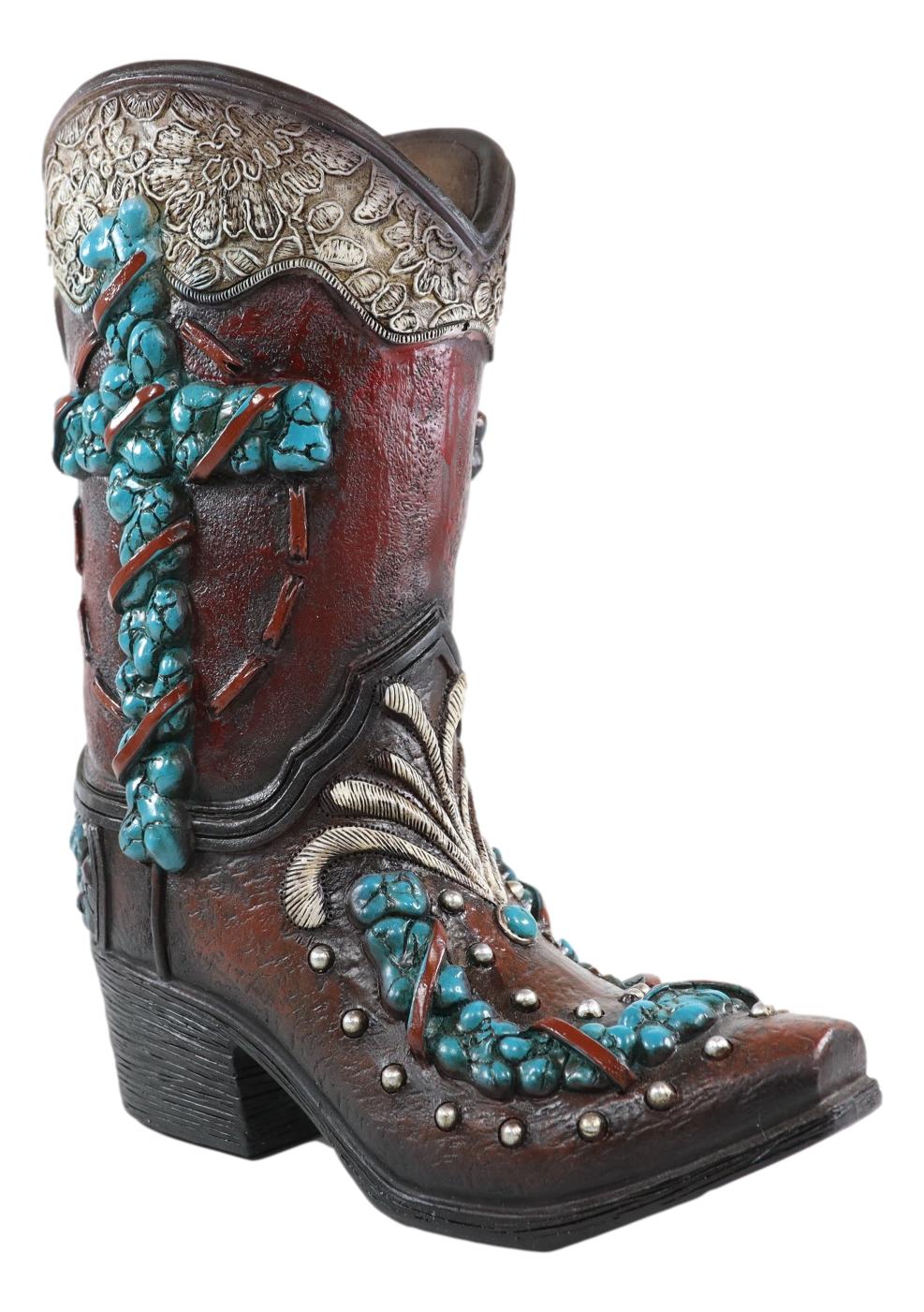 Handcrafted Faux Leather Cowboy Boot Vase with Turquoise Accents