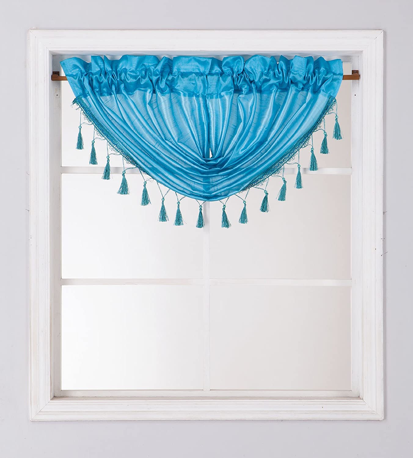 Faux Silk Semi-Sheer Waterfall Valance with Tassel Trim, 48"x38"