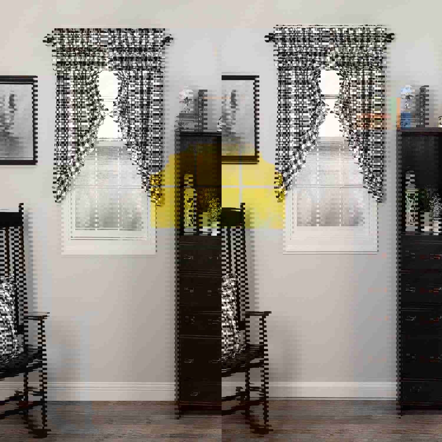 Annie Black Buffalo Check Ruffled Lined Prairie Swag Curtains