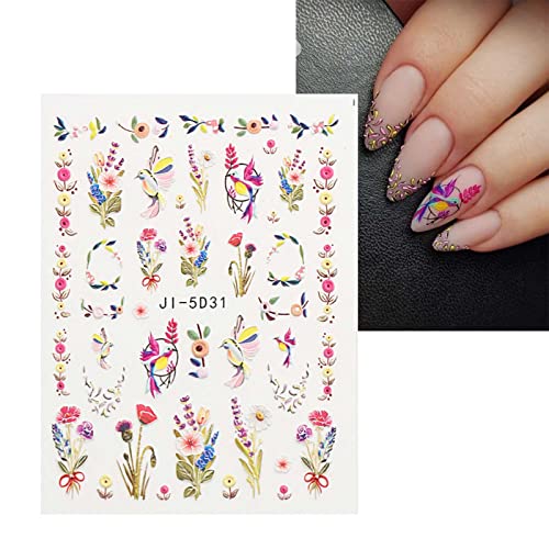 JMEOWIO 3D Embossed Spring Flower Nail Art Stickers, Self-Adhesive Floral Nail Decals for Elegant DIY Nail Designs
