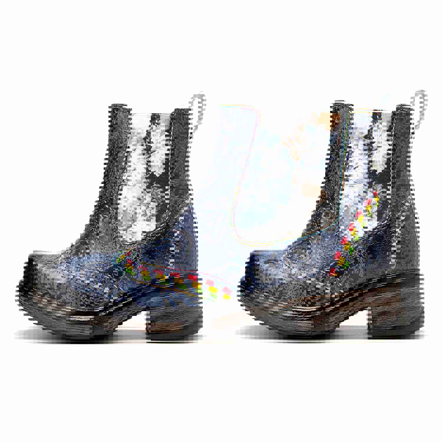 Elegant Cowhide Leather Ankle Boots with Hand-Embossed Flowers