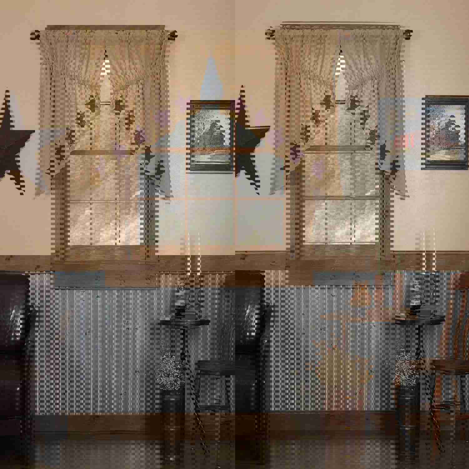 Elegant Prairie Swag Curtains with Burgundy Star Stencil