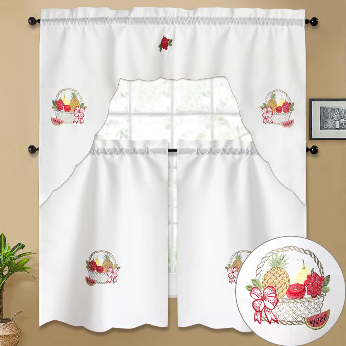 3pc Rod Pocket Embroidered Butterfly Kitchen Curtain Set with Swag Valance, 36" Length