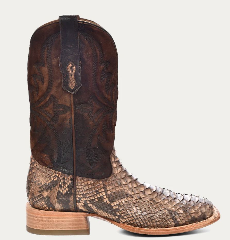 Elegant Embroidered Brown Lamb & Python Leather Cowboy Boots
