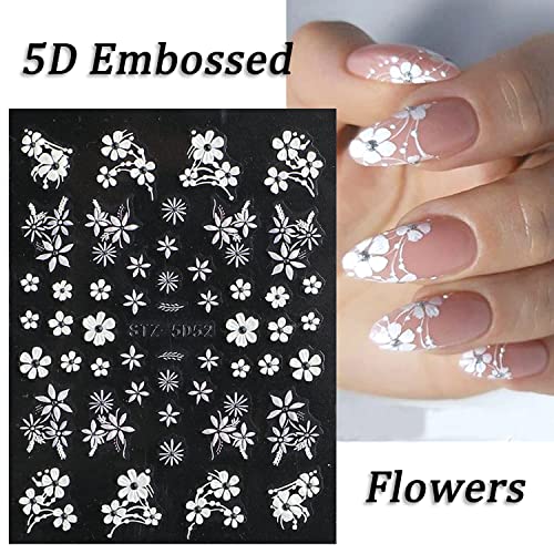 5D Embossed Flower Nail Art Stickers, 6 Sheets White & Pink Floral Designs