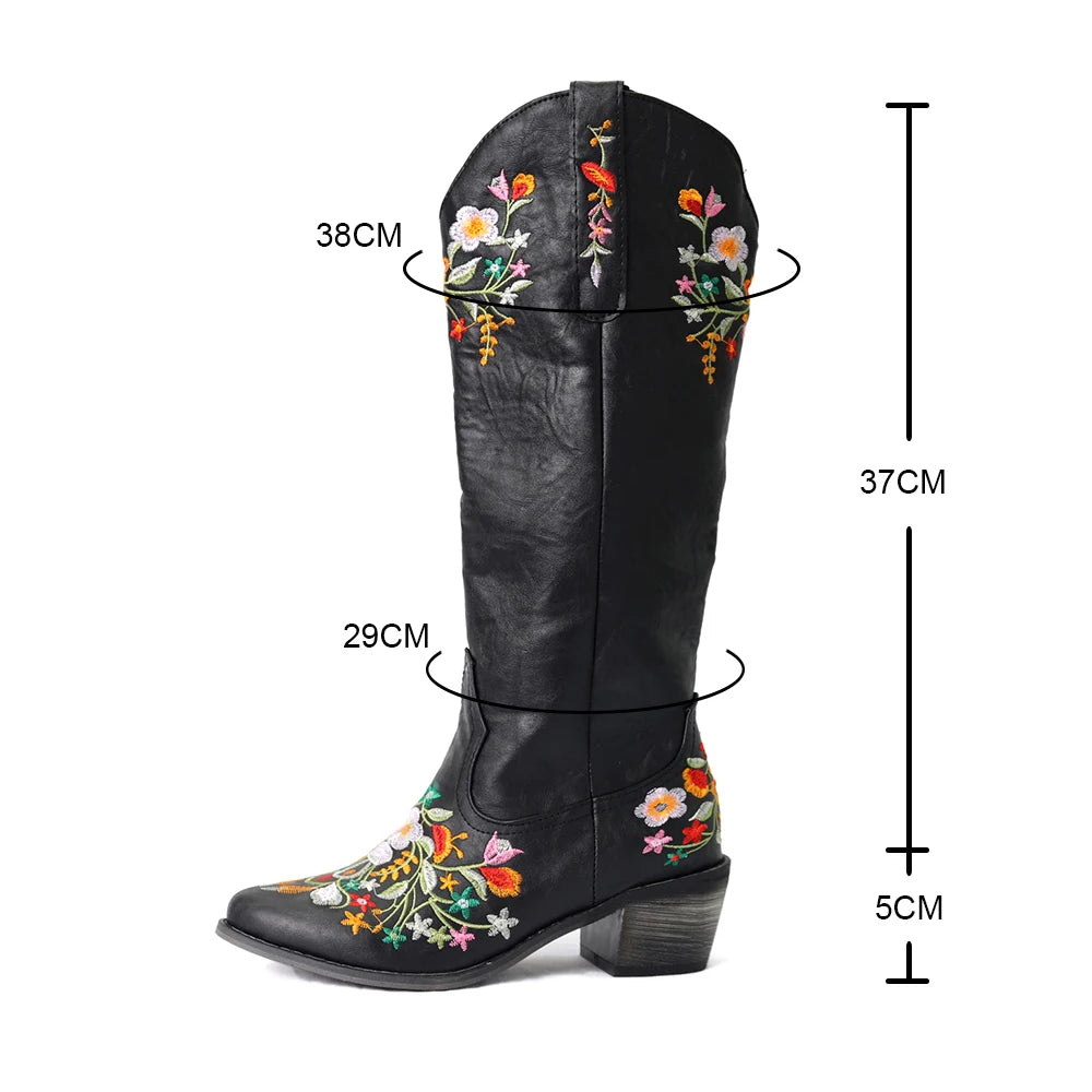 Vintage Floral Embroidered Western Cowboy Boots for Women