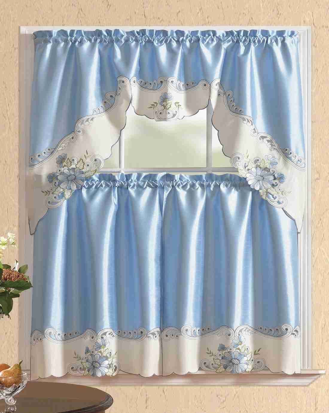 All American Collection 3-Piece Modern Embroidered Kitchen Curtain Set with Swag Valance