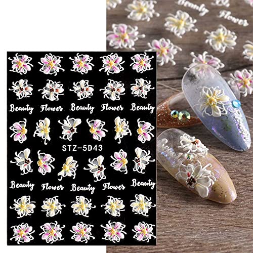 JMEOWIO 3D Embossed Spring Flower Nail Art Stickers, Self-Adhesive Floral Nail Decals for Elegant DIY Nail Designs