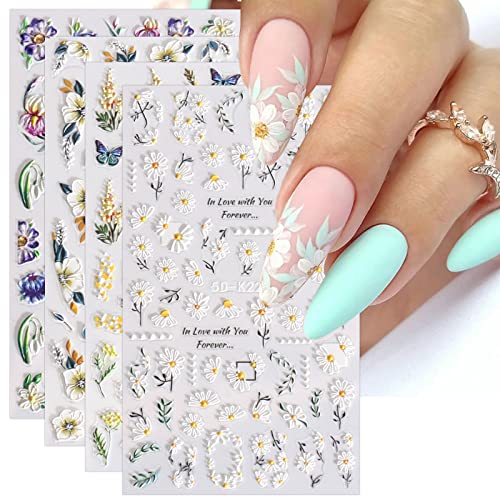 JMEOWIO 3D Embossed Spring Flower Nail Art Stickers Decals, Self-Adhesive Floral Nail Art Design Accessories