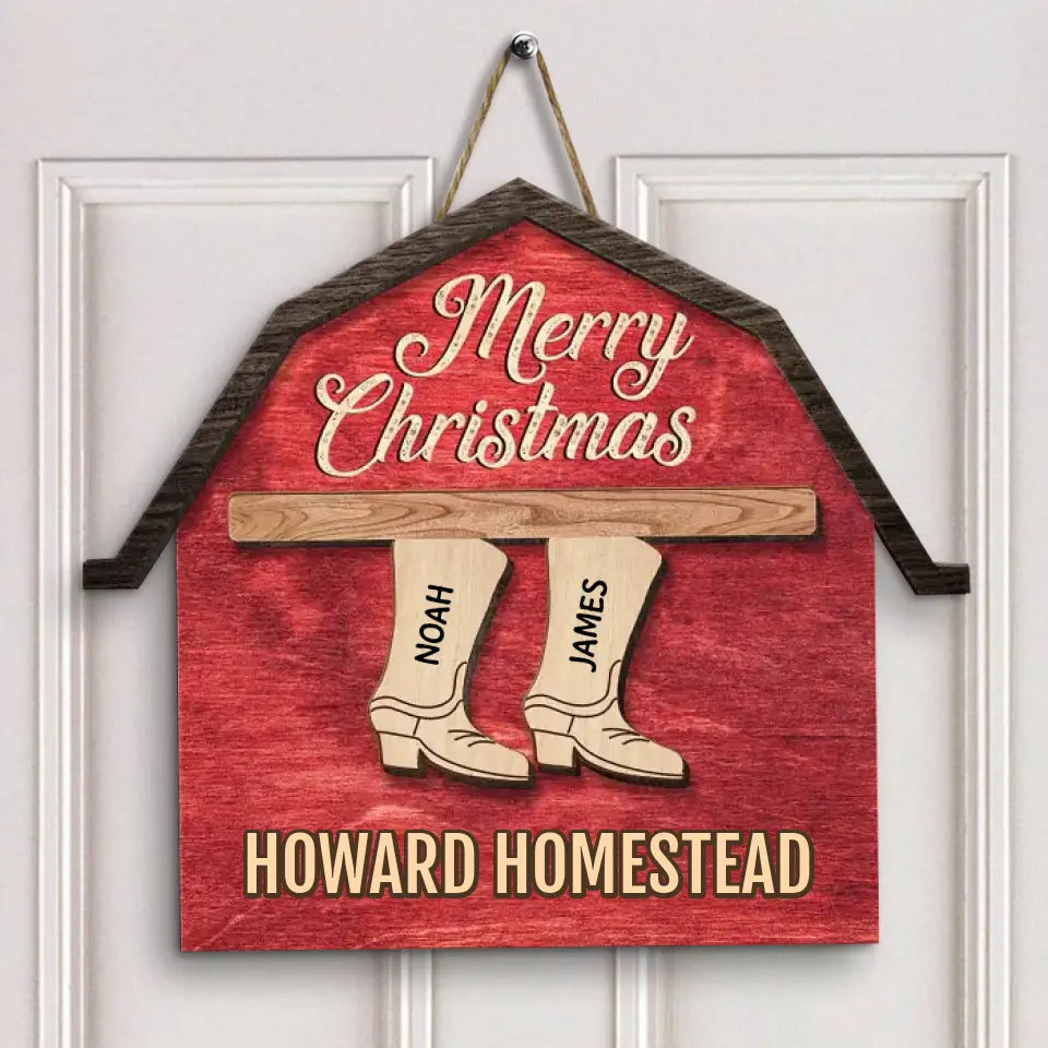 Rustic Cowboy Boots Family Sign - Custom Wood Door Decor