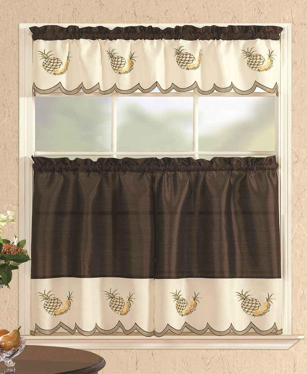 All American Collection 3-Piece Modern Embroidered Kitchen Curtain Set with Swag Valance