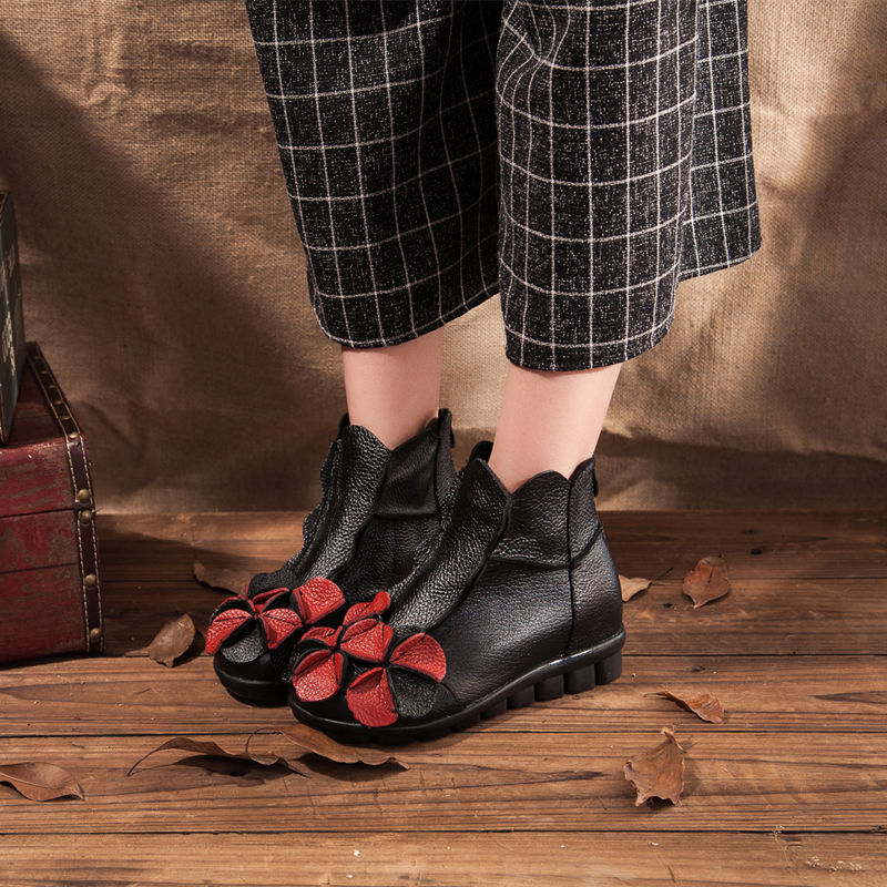 Glamorous Flower-Accented Leather Ankle Boots