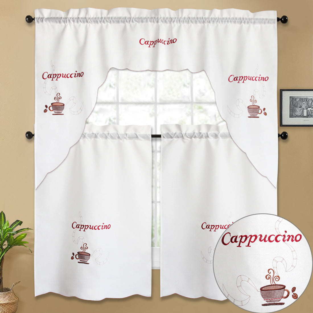 3pc Rod Pocket Embroidered Butterfly Kitchen Curtain Set with Swag Valance, 36" Length