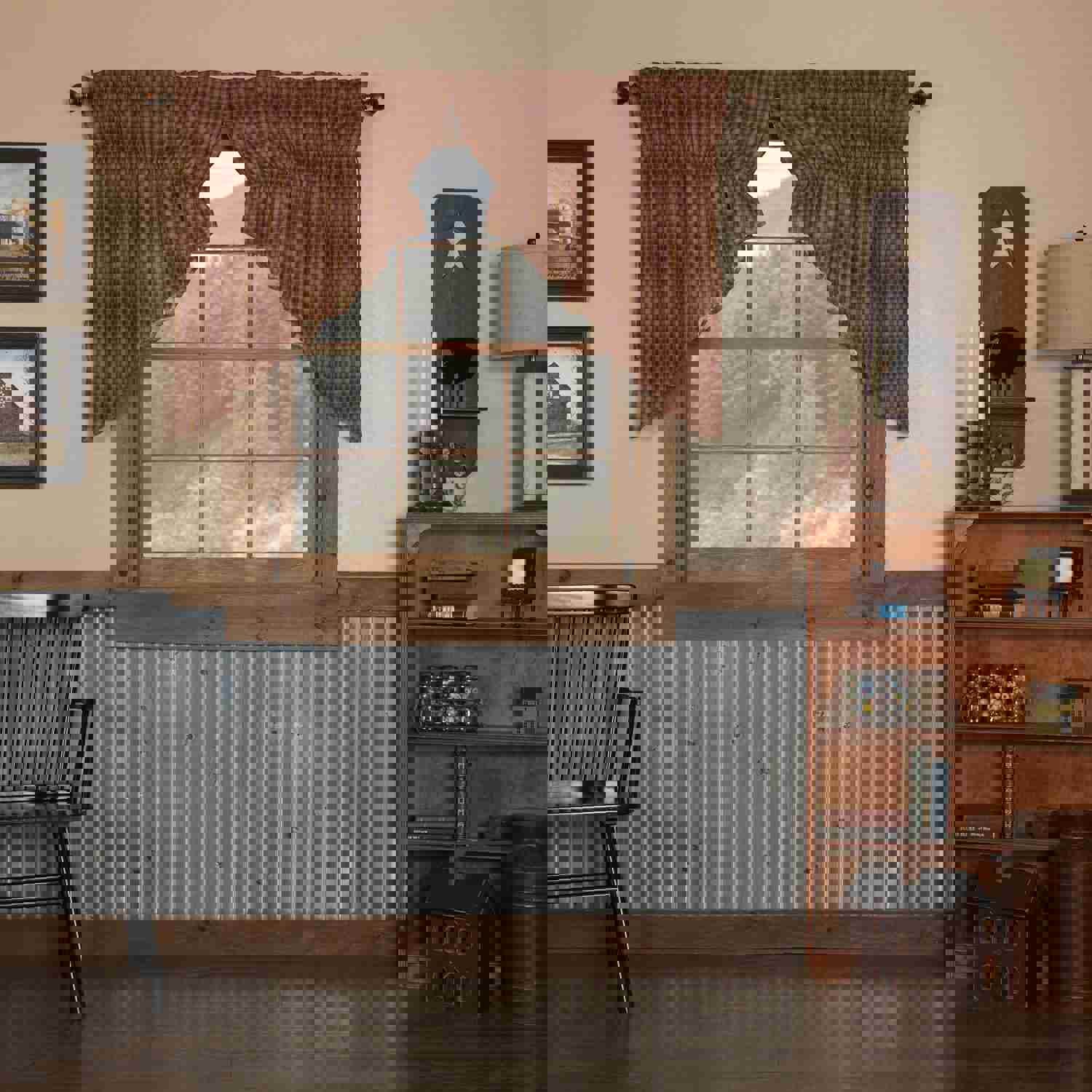 Elegant Burgundy Check Scalloped Prairie Swag Curtains