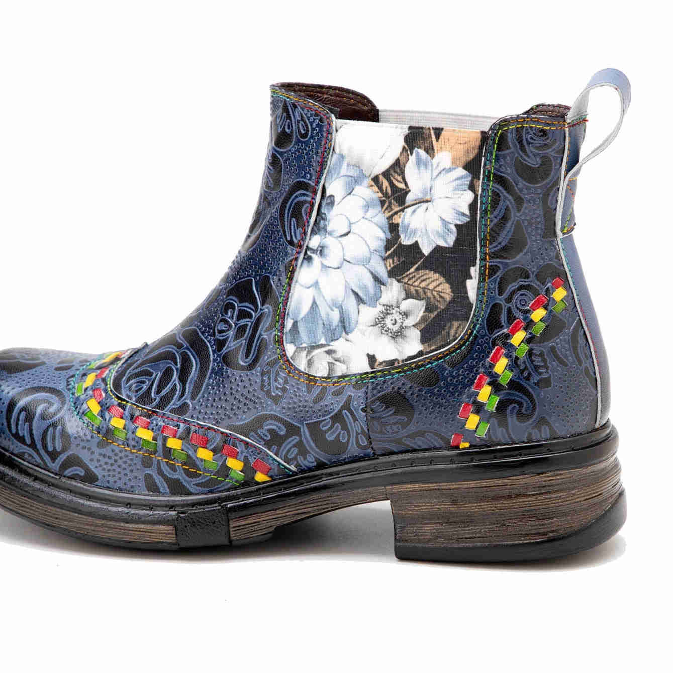 Elegant Cowhide Leather Ankle Boots with Hand-Embossed Flowers
