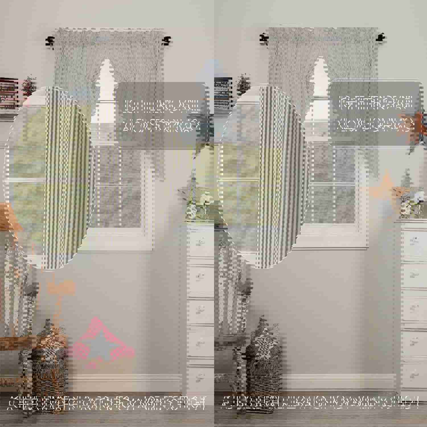 Hatteras Seersucker Blue Ticking Stripe Prairie Swag Set