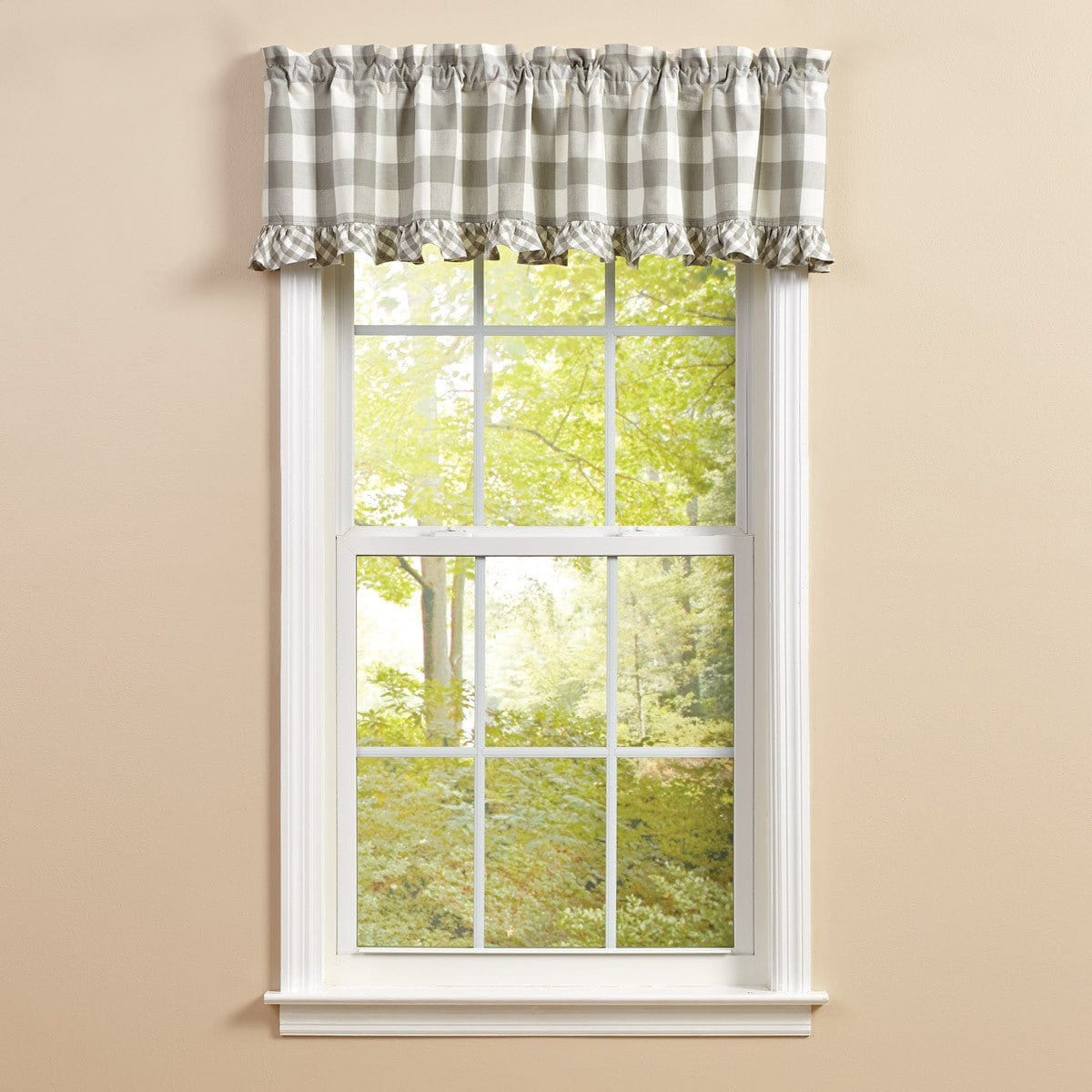 Elegant Dove Gray Ruffled Valance with Wicklow Check Pattern