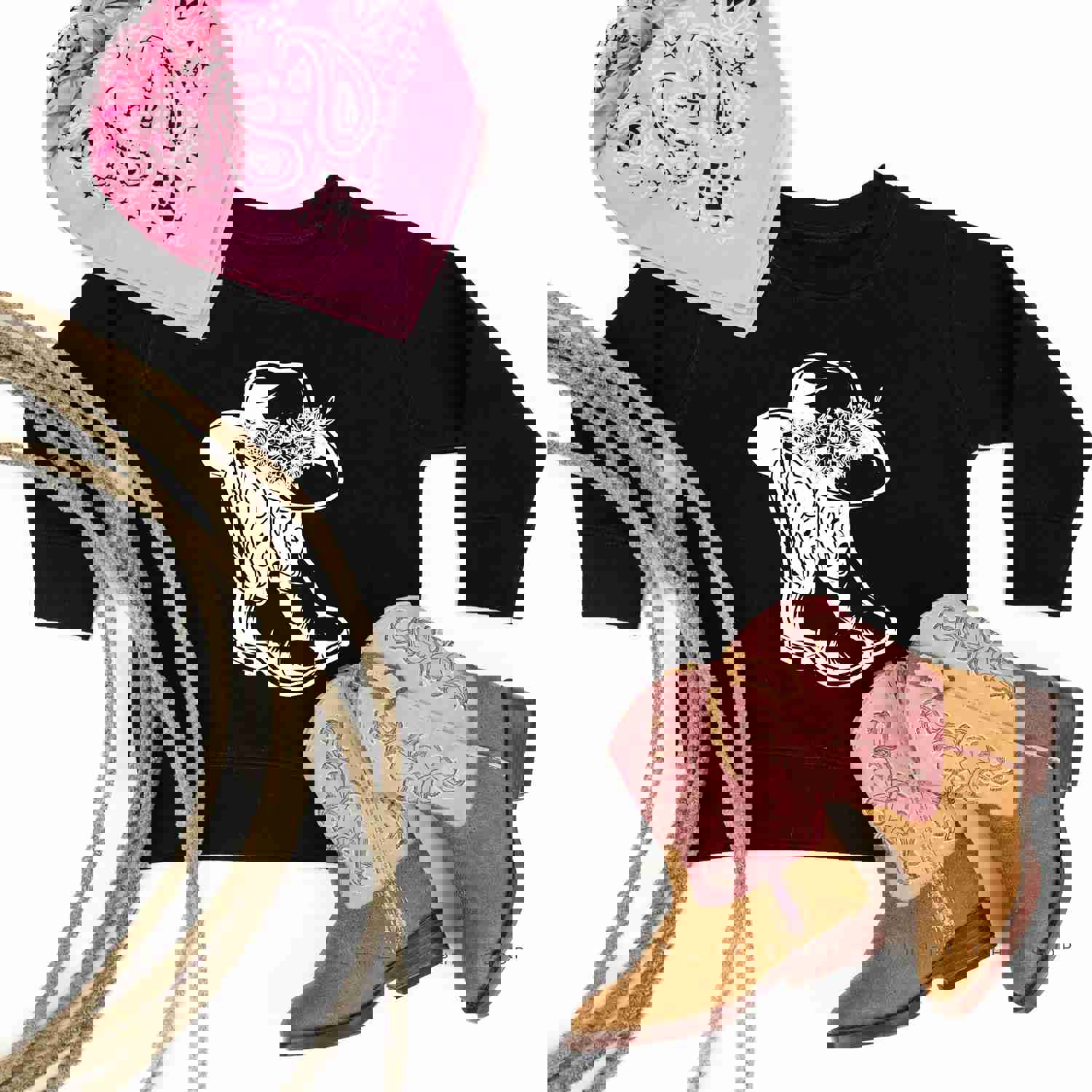 Cowgirl Boots w/ Hat and Flowers - Child Unisex Crewneck Sweatshirt