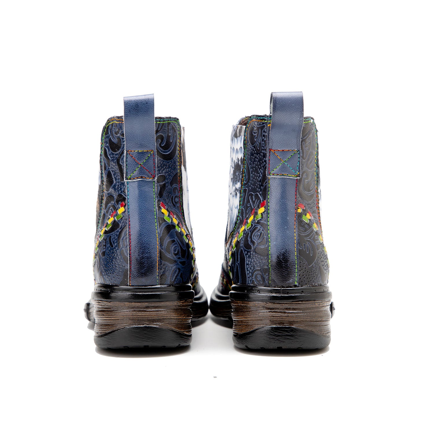 Elegant Cowhide Leather Ankle Boots with Hand-Embossed Flowers