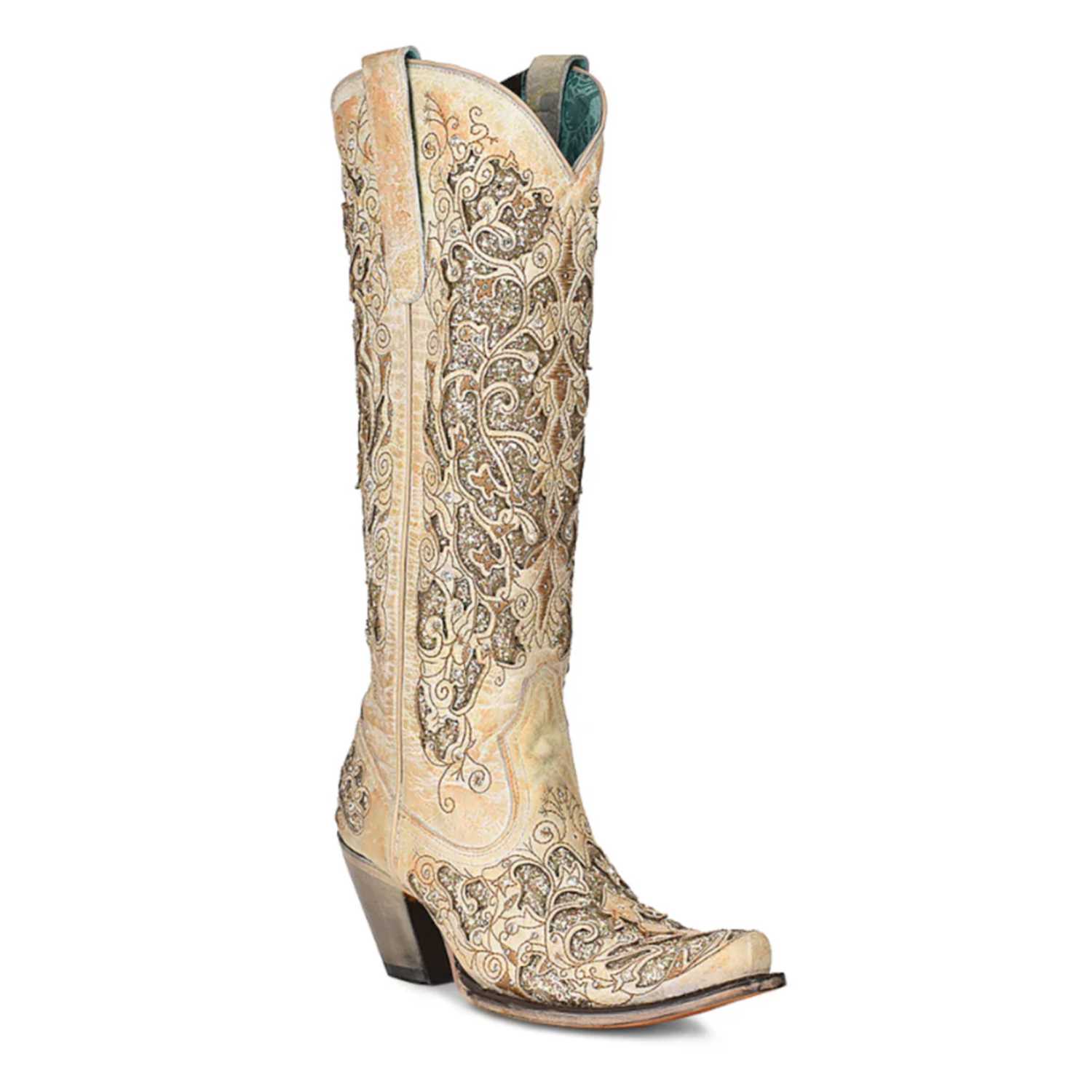 Corral Women's Beige Distressed Glitter Inlay & Embroidery Western Boots - A4345