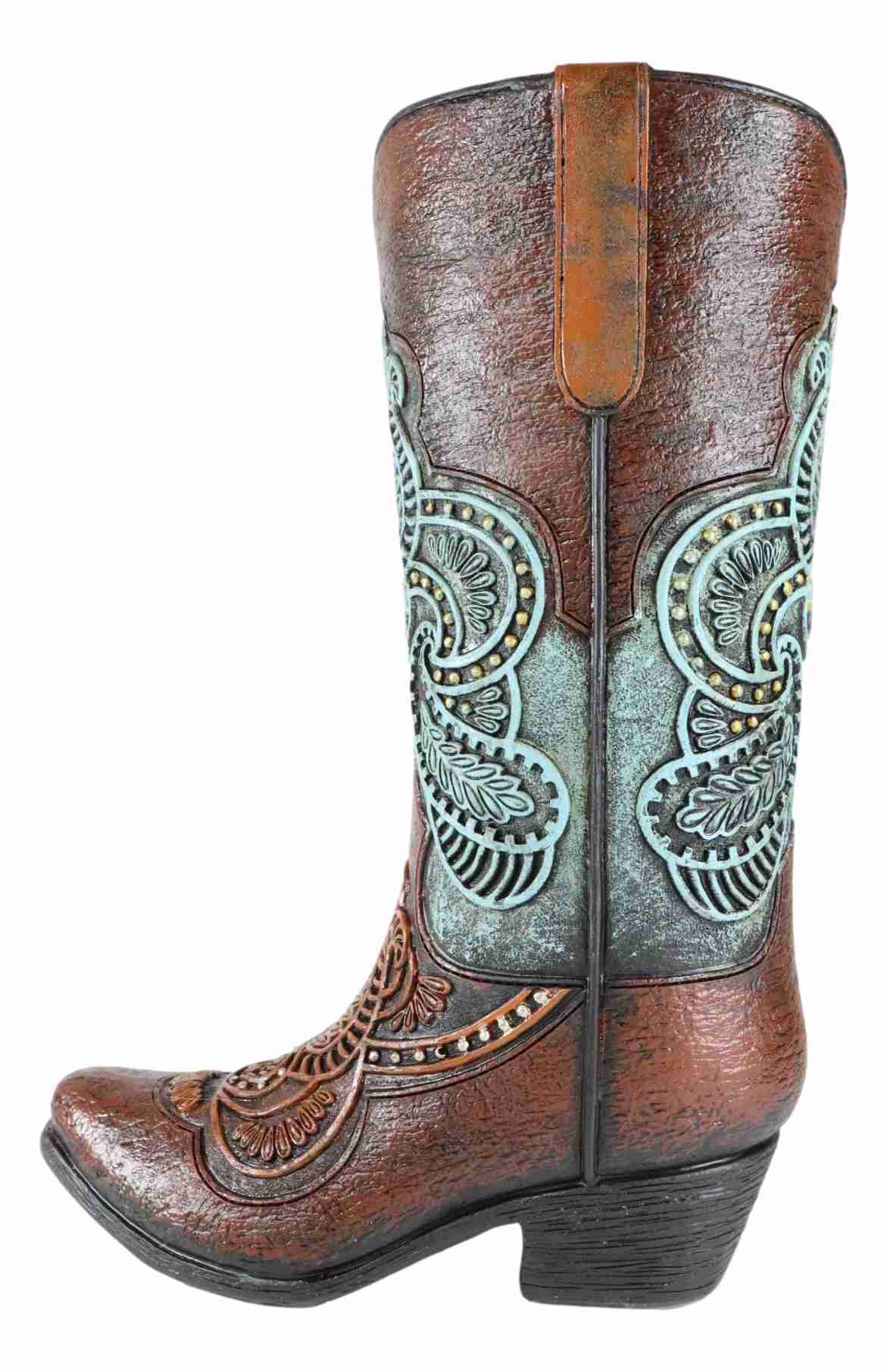 Western Style Turquoise Tooled Leather Cowboy Boot Flower Vase