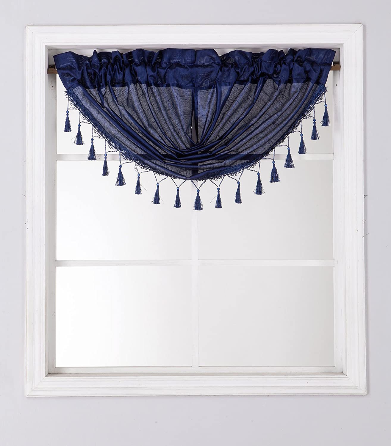 Faux Silk Semi-Sheer Waterfall Valance with Tassel Trim, 48"x38"