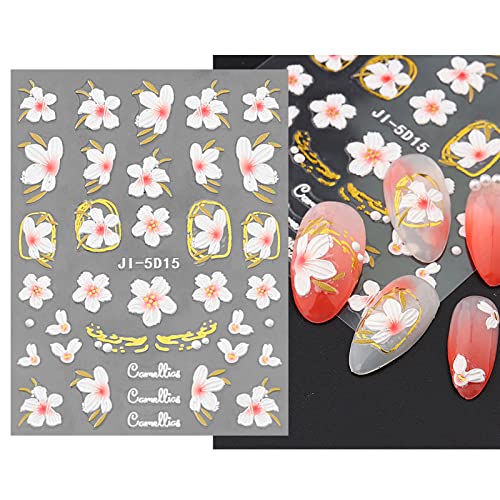 JMEOWIO 7 Sheets 3D Embossed Spring Flower Nail Art Stickers Decals Self-Adhesive, 5D Colorful Summer Floral Nail Supplies