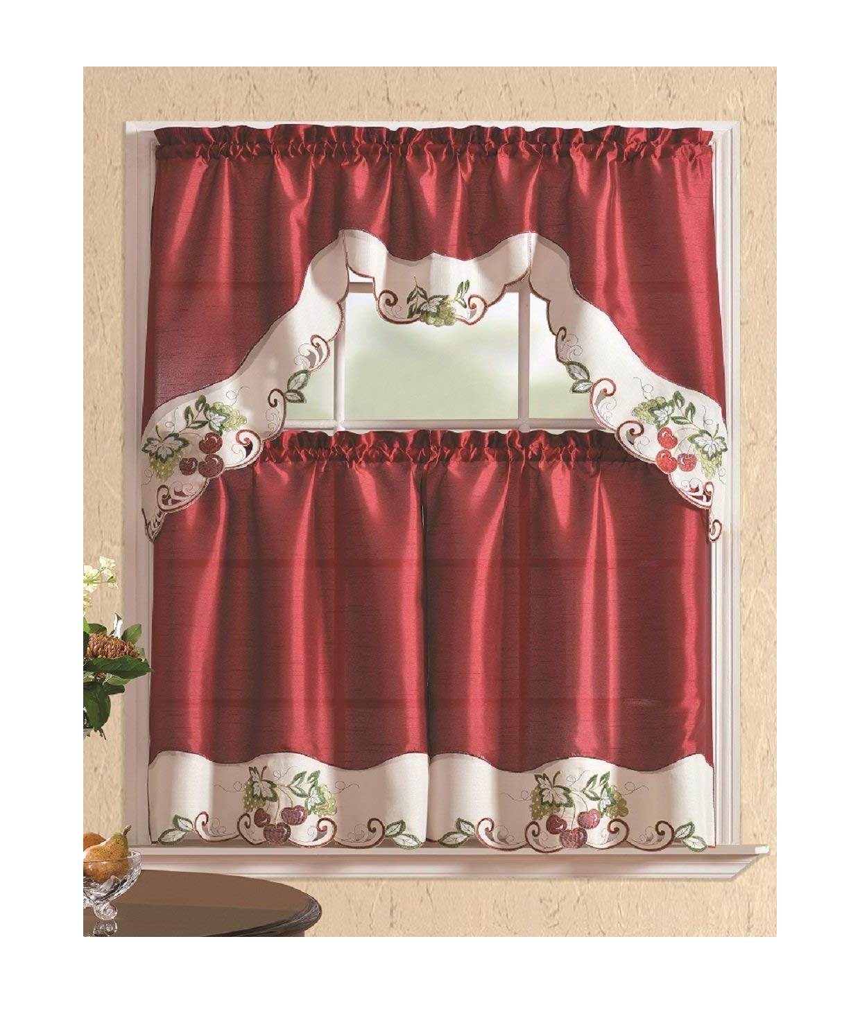 All American Collection 3-Piece Modern Embroidered Kitchen Curtain Set with Swag Valance