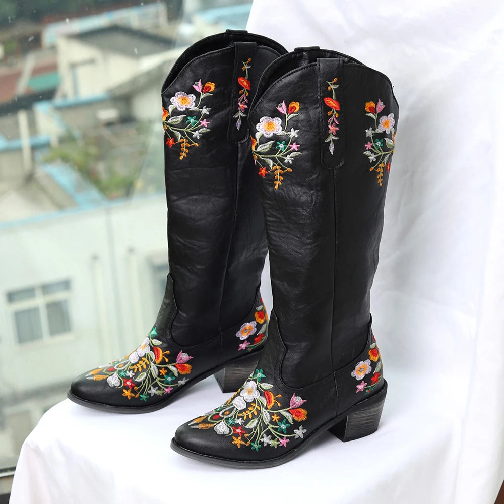Vintage Floral Embroidered Western Cowboy Boots for Women