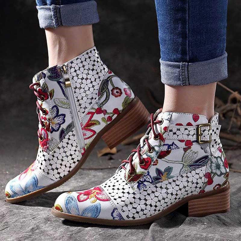 Stylish Floral Embellished Ankle Boots with Rubber Outsole
